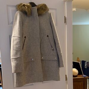 J. Crew Gray Puffer Coat with Faux Fur Hood